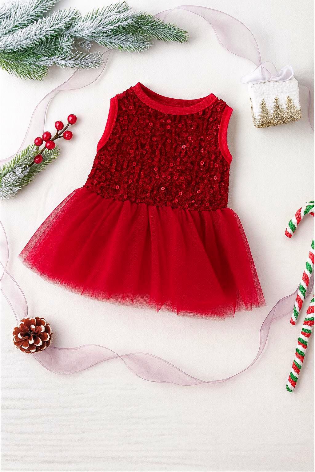 Red Sequin Tulle Christmas Pet Dress: Holiday Party Outfit