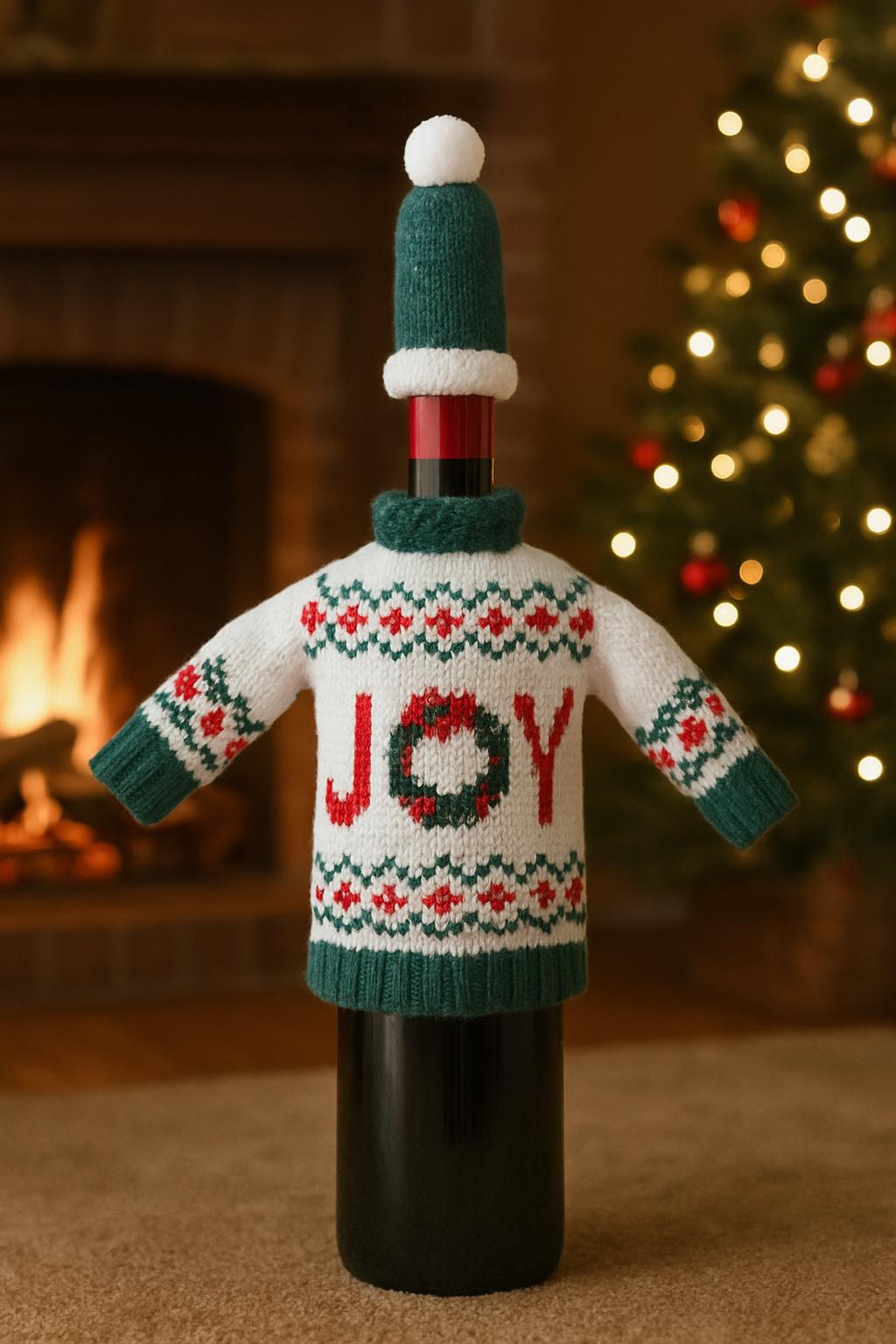 Knitted Snowman Wine Bottle Cover with Hat - Holiday Table Decoration
