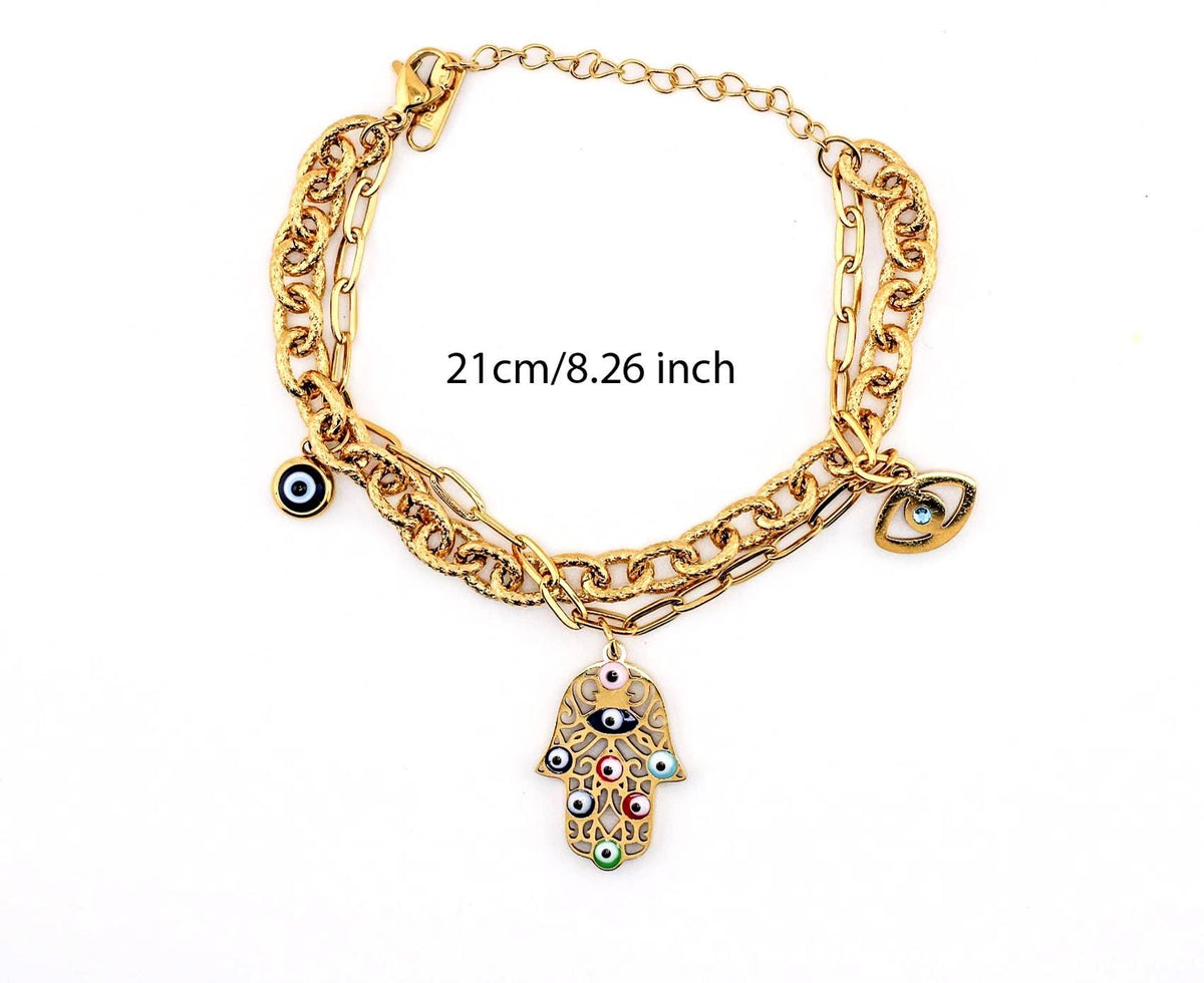 Gold Hamsa Hand Evil Eye Bracelet | Stainless Steel Adjustable Jewelry