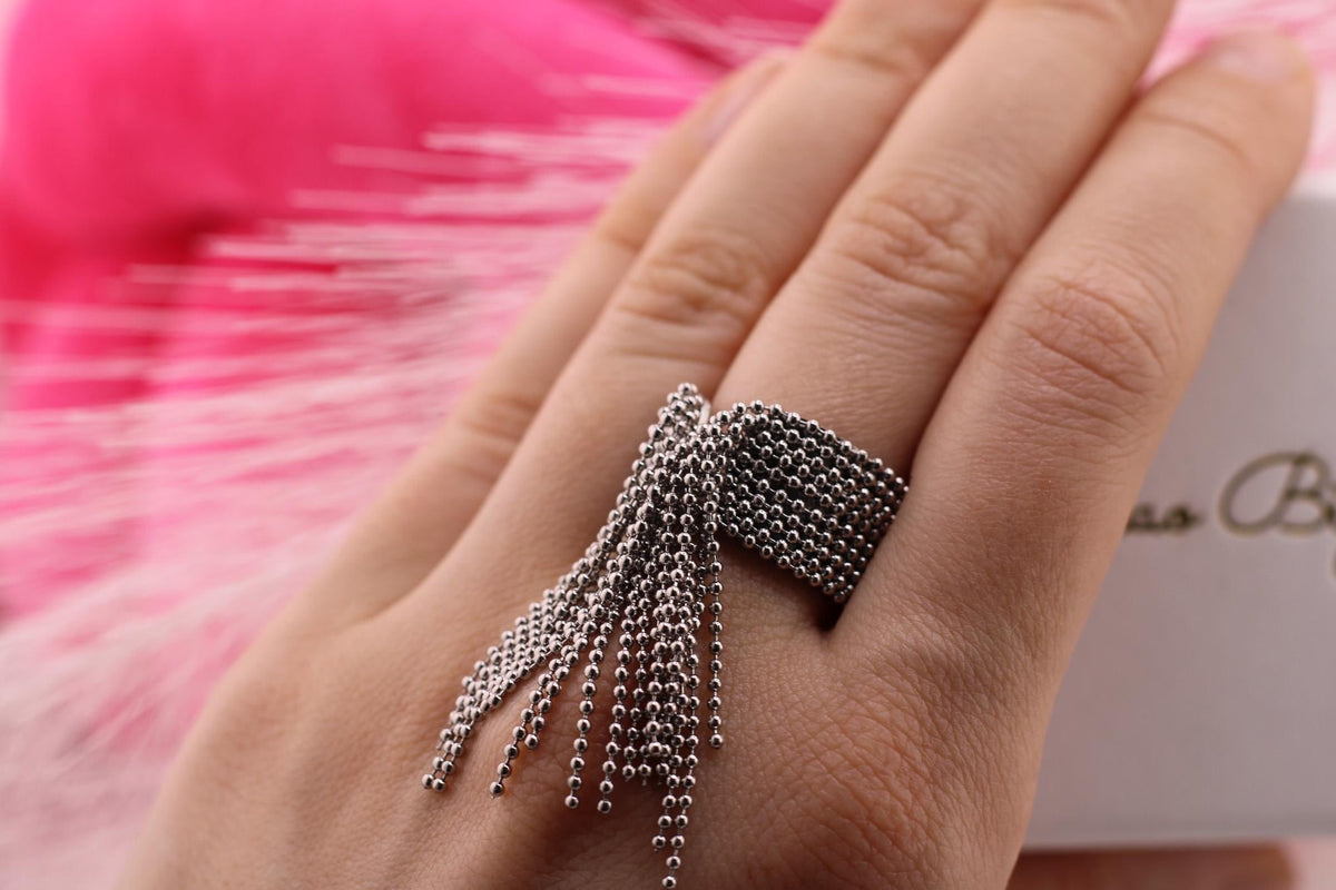 Statement Chain Fringe Ring /Bold Silver Beaded Ring/Unique Adjustable Ring/Modern Fashion Jewelry/Gift for Her