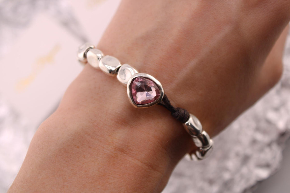 Silver Pink Rhinestone Bracelet/Sparkling Crystal Jewelry for Women/Gift for Her