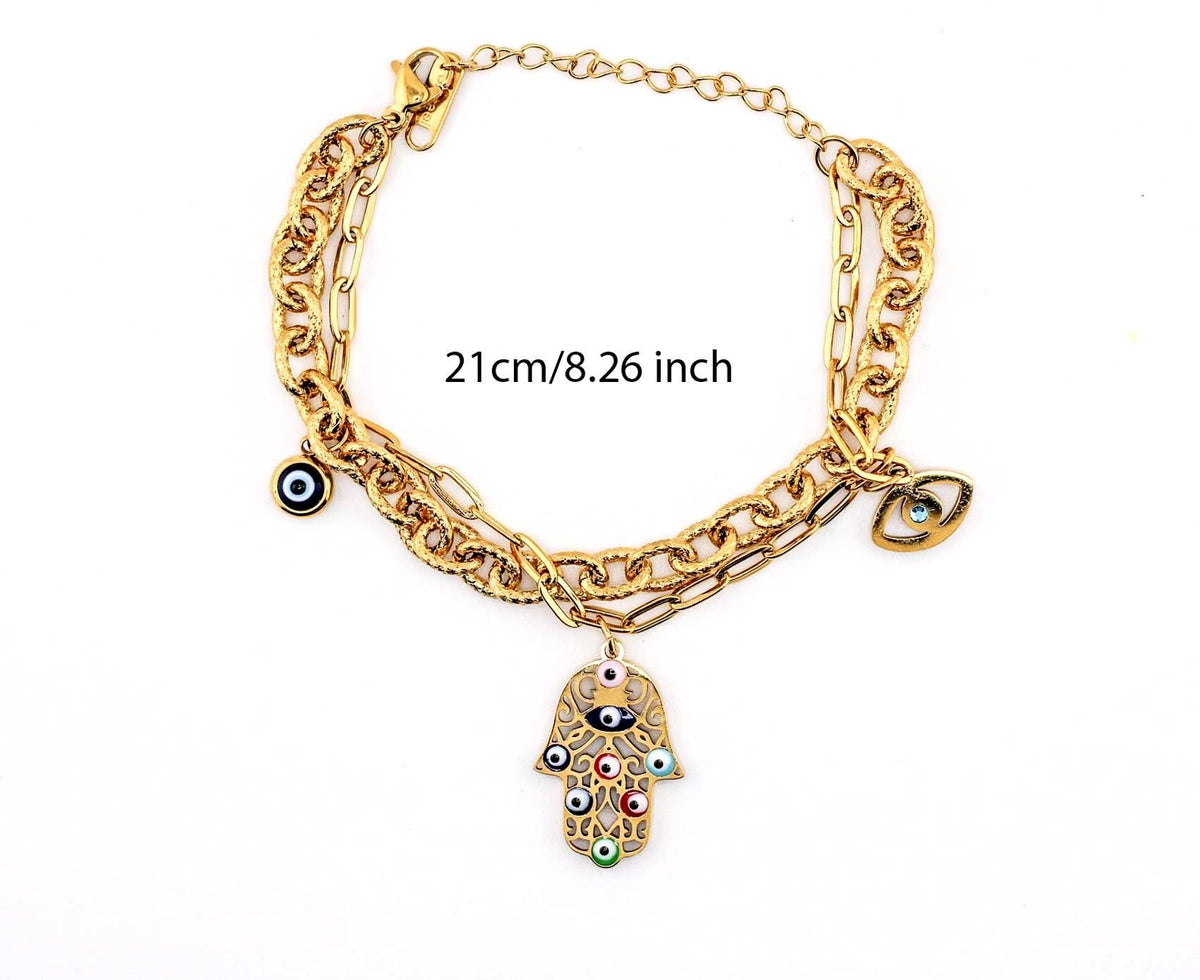 Gold Hamsa Hand Evil Eye Bracelet | Stainless Steel Protection Jewelry