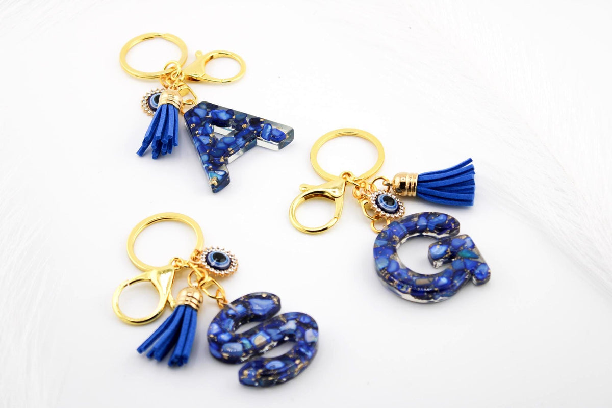 Blue Resin Initial Keychain, Custom Letter Charm with Evil Eye & Tassel