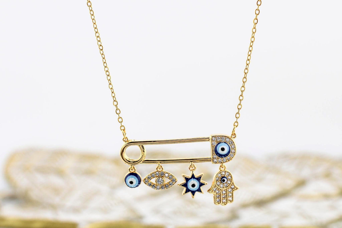 Evil Eye Charm Necklace: Gold Plated Pin, Spiritual Protection