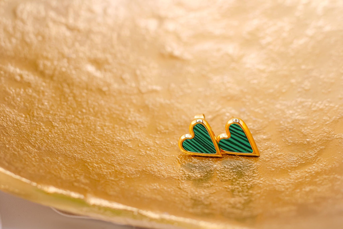 Green Marble Heart Earrings, Gold Stainless Steel Studs, Hypoallergenic