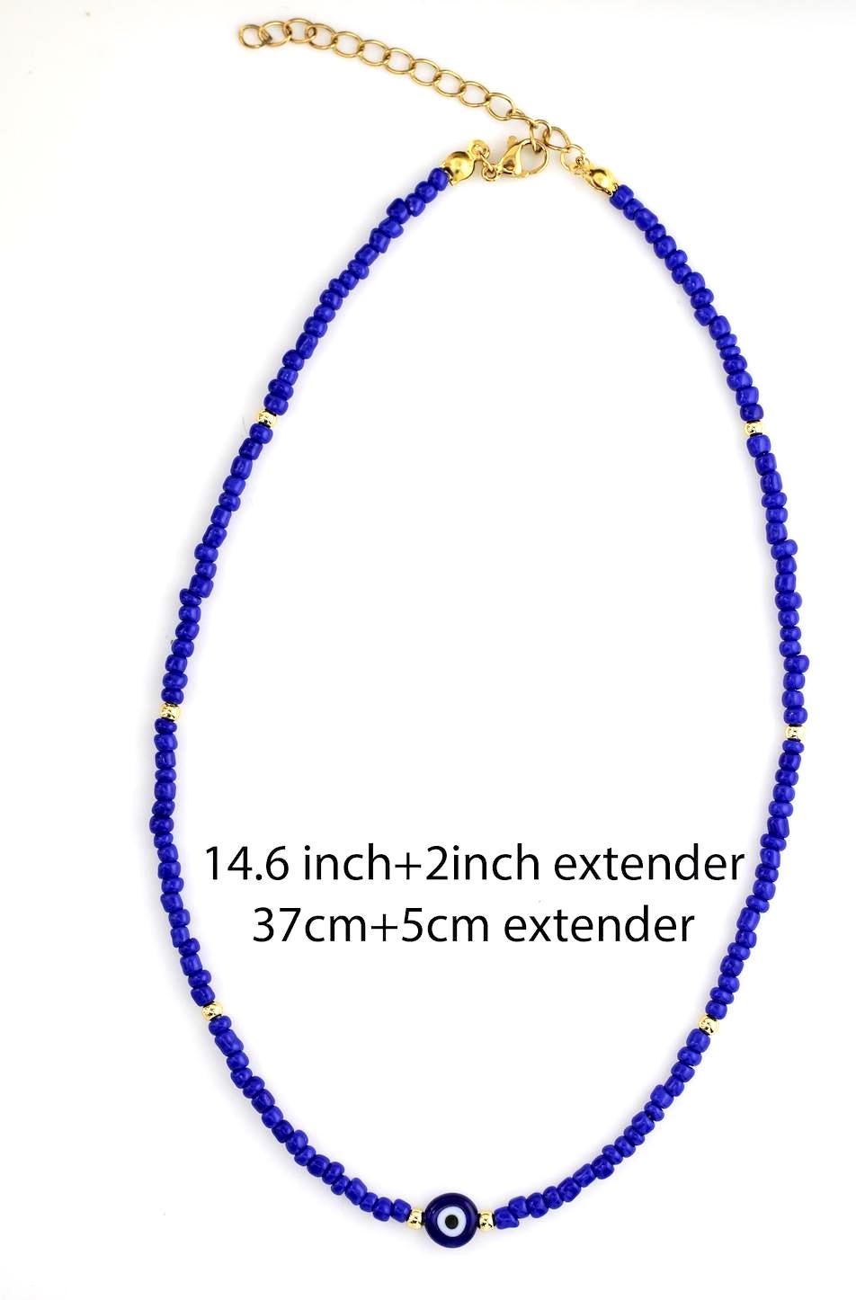 Blue Evil Eye Necklace, Glass Beads, Gold Plated Charm