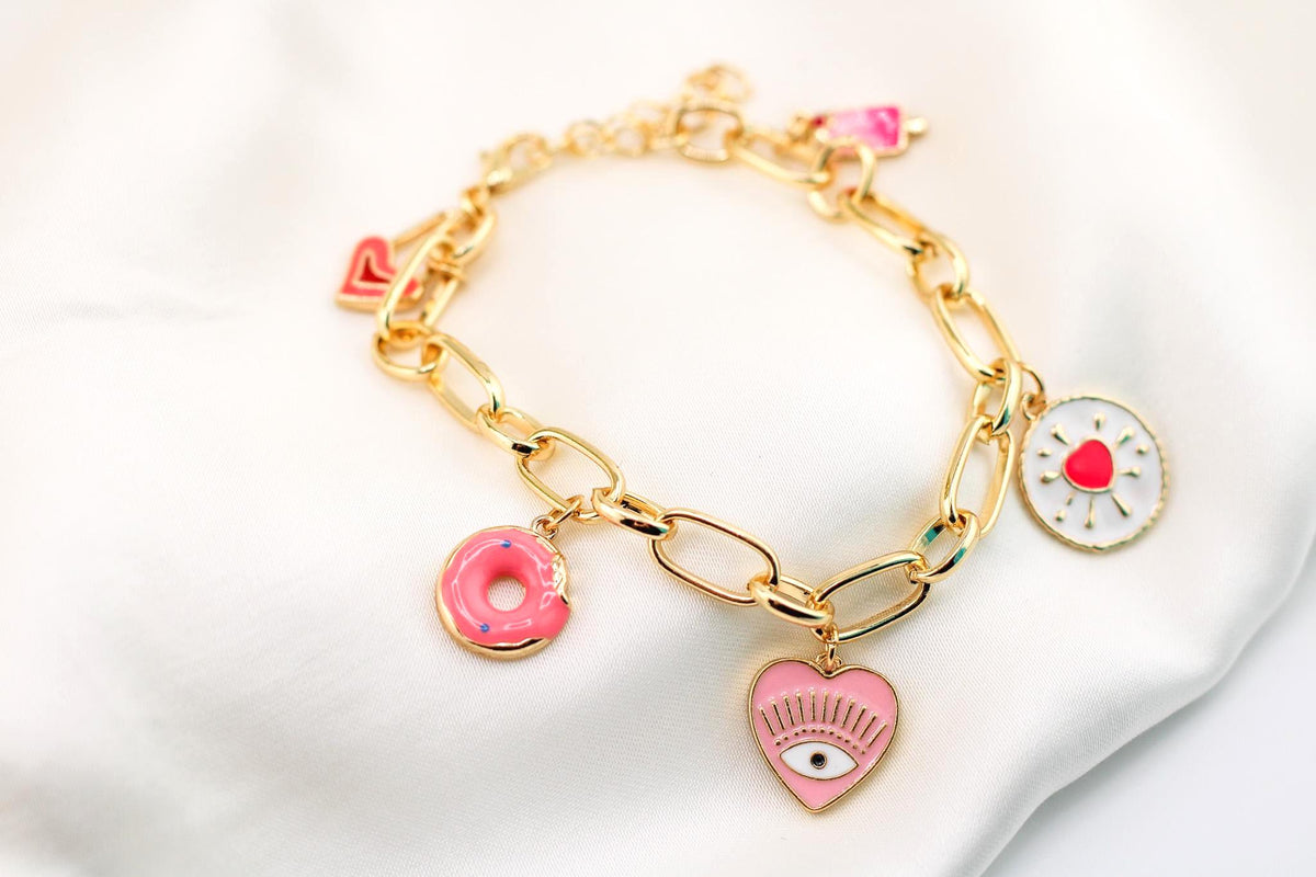 Personalized Gold Charm Bracelet with Donut, Ice Cream, and Hearts