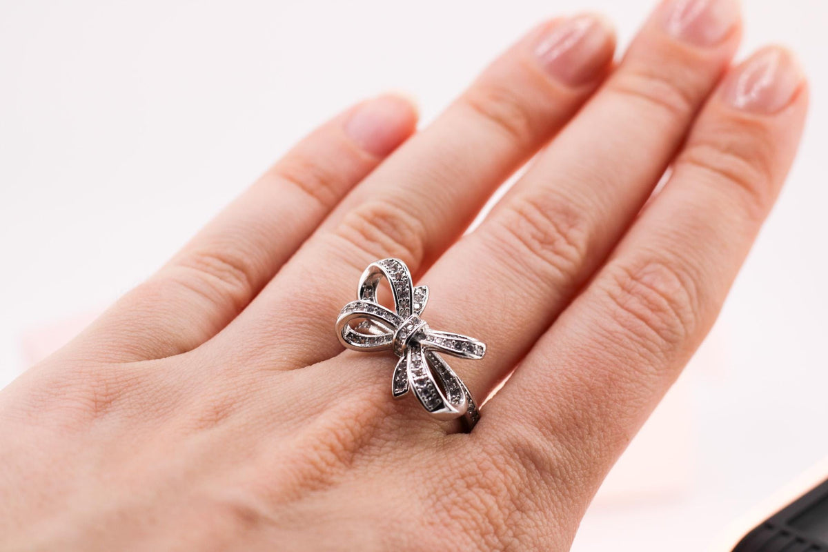 Shiny Silver Bow Ring/Rhinestone Jewelry/Sparkling Statement Ring/Dainty Adjustable Band/Gift for Her
