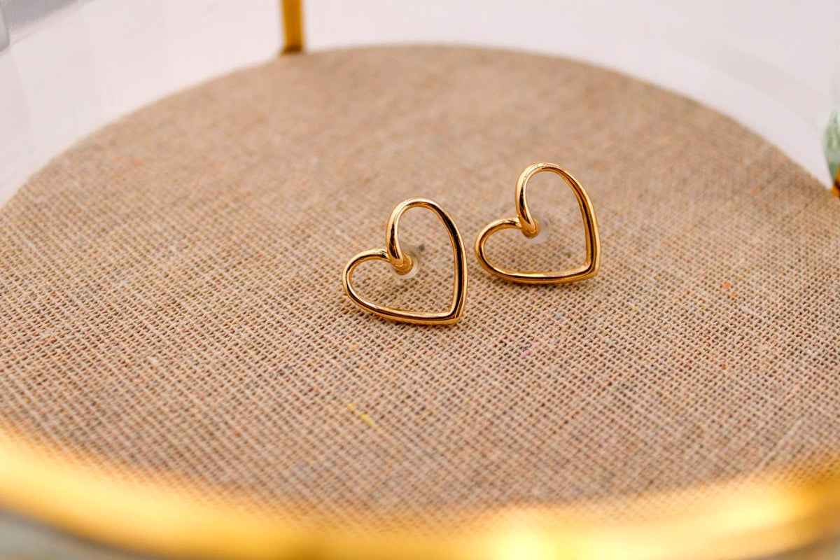 Dainty Gold Heart Outline Stud Earrings - Minimalist Jewelry