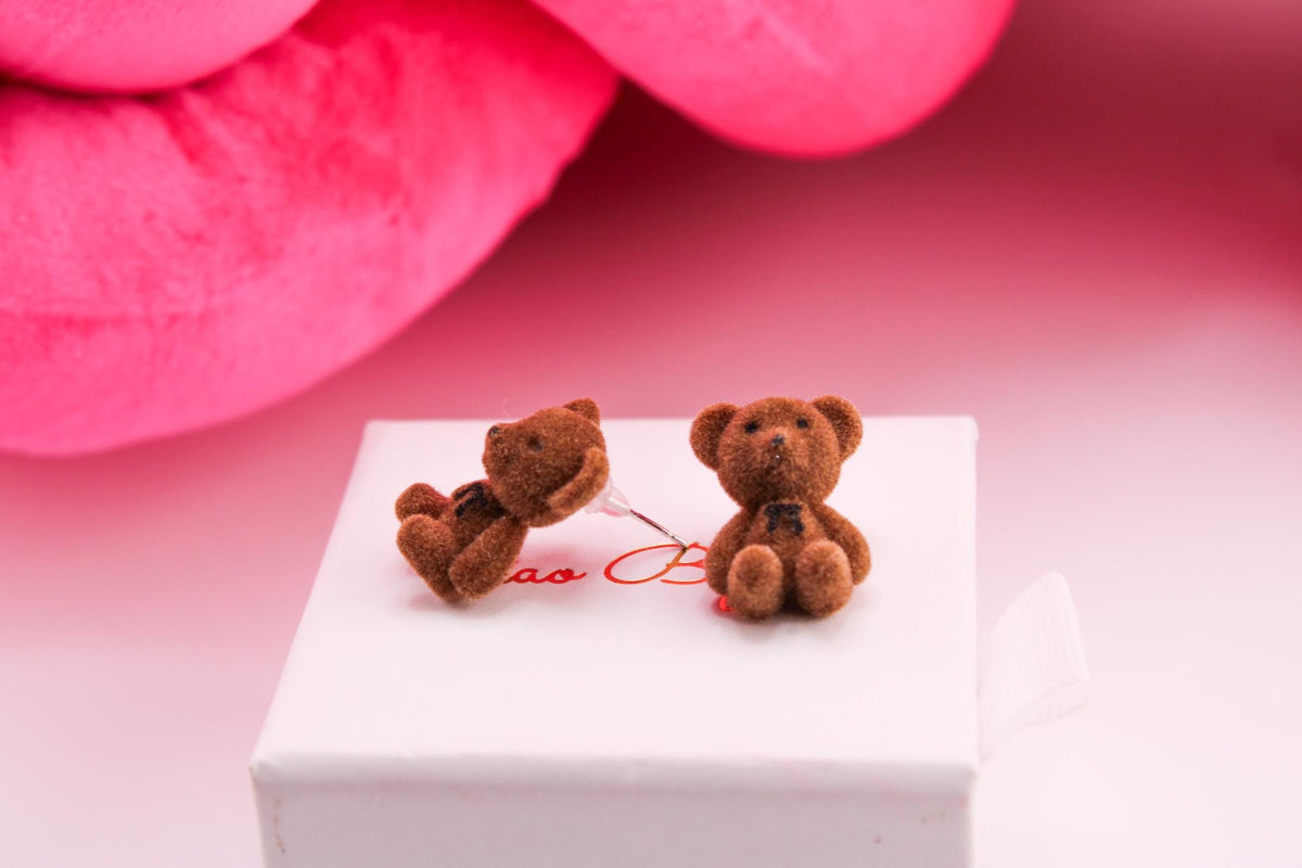 Flocked Bear Earrings, 925 Silver Needle Studs