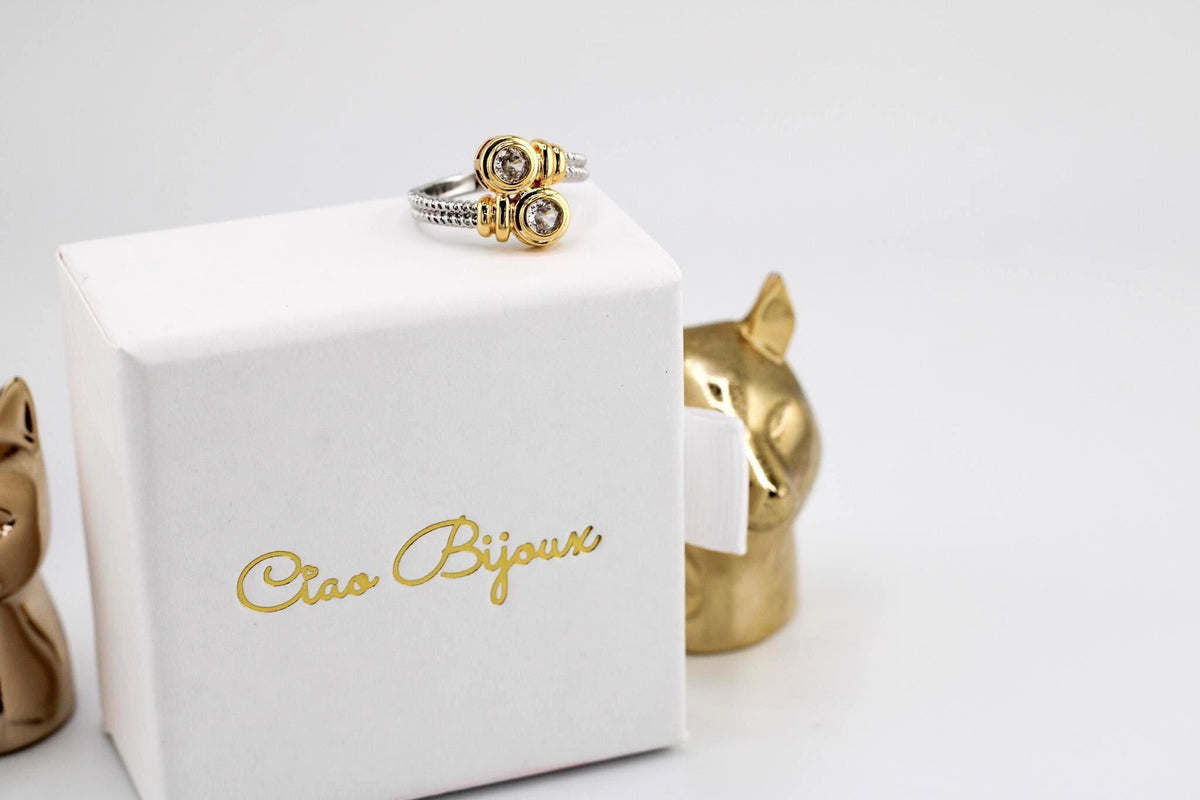 Gold Plated Silver Ring with Twin Rhinestones, Adjustable