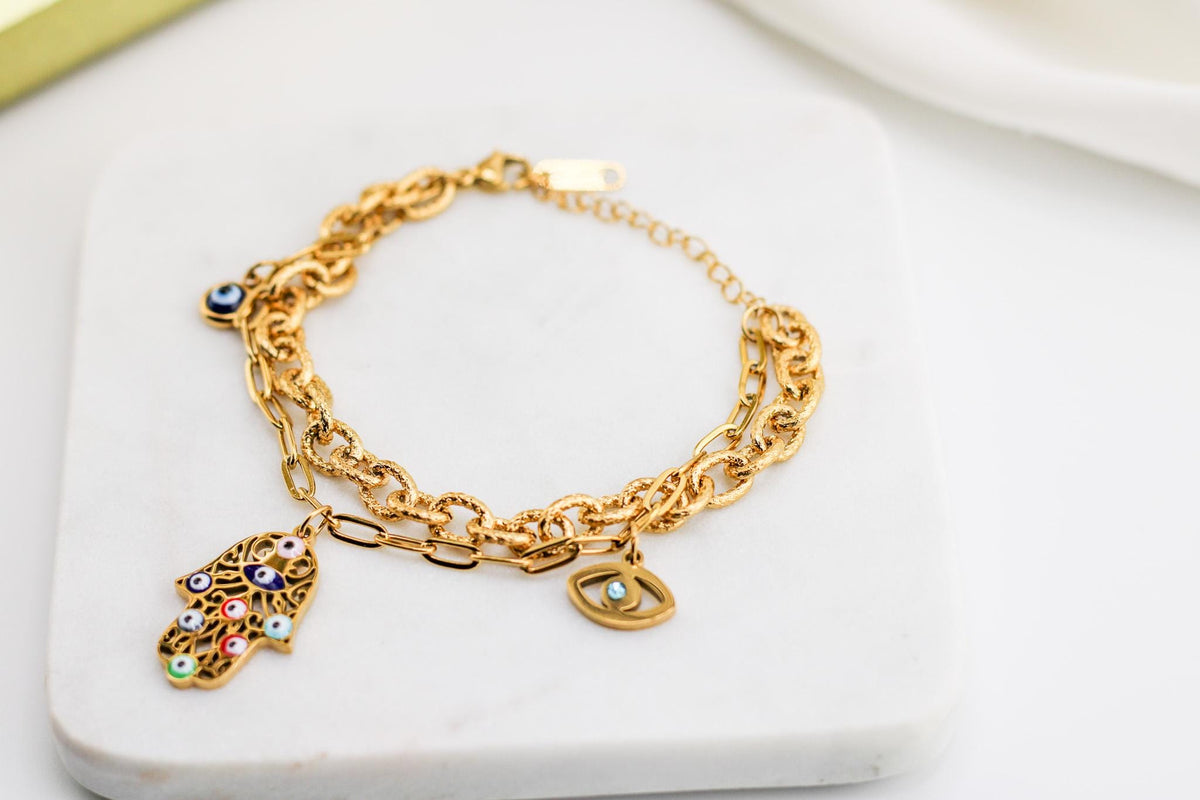 Gold Hamsa Hand Evil Eye Bracelet | Stainless Steel Protection Jewelry
