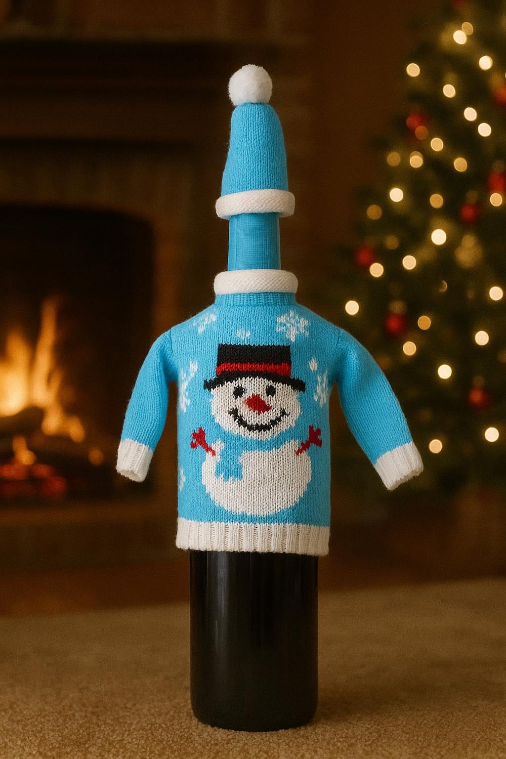 Christmas Wine Bottle Cover/Knitted Snowman with Hat /Holiday Champagne Bag/ Xmas Party & Wedding Table Decoration/