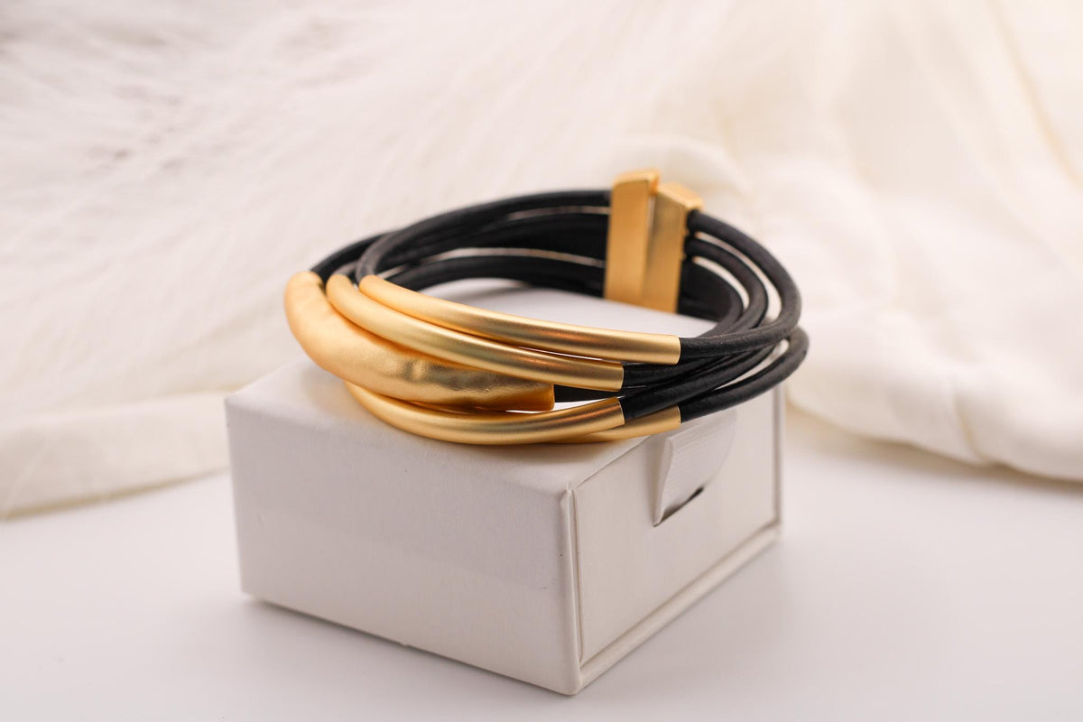 Gold Layered Bracelet, Magnetic Clasp, Real Leather & Chain