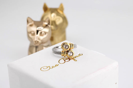 Gold Plated Silver Ring with Twin Rhinestones, Adjustable