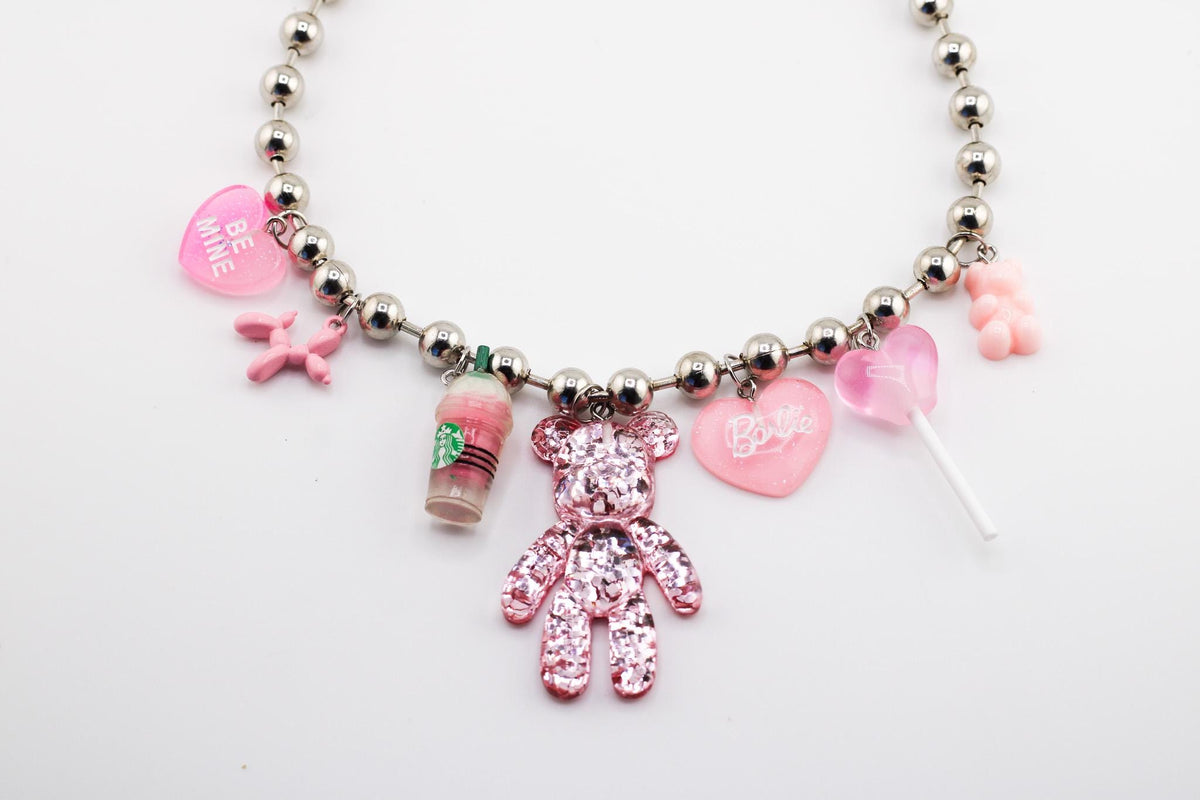 Handmade Sparkling Pink Bear Charm Necklace, Kawaii Stainless Steel Jewelry