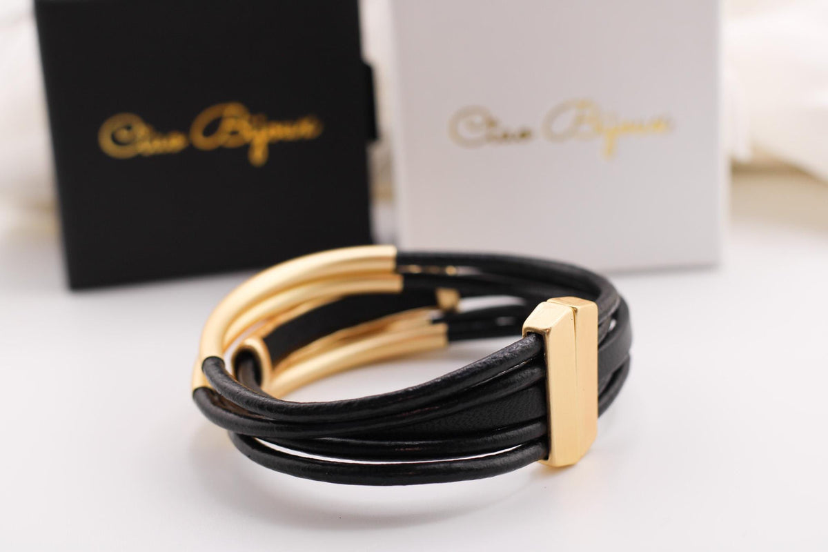 Gold Layered Bracelet, Magnetic Clasp, Real Leather & Chain