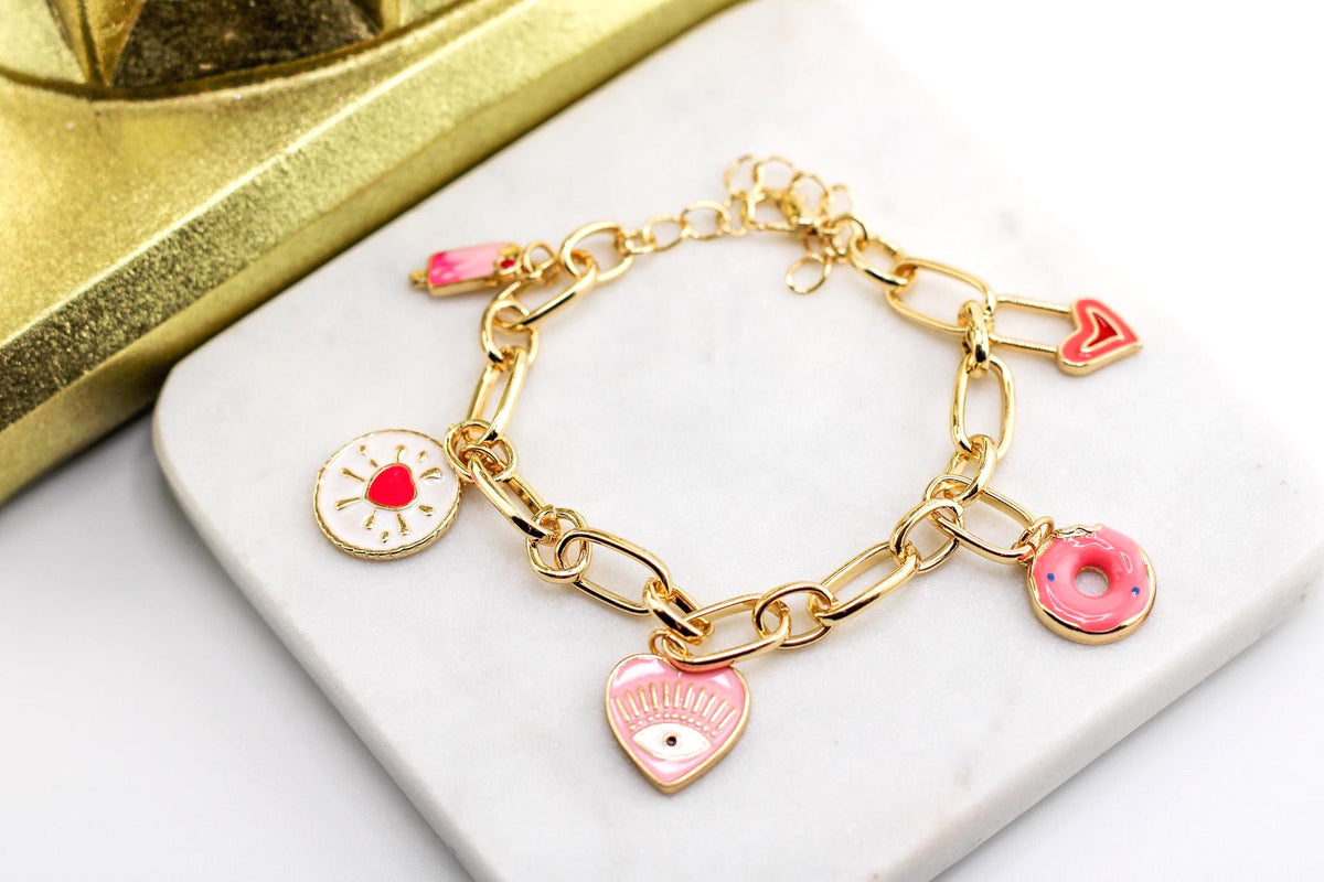 Personalized Gold Charm Bracelet with Donut, Ice Cream, and Hearts