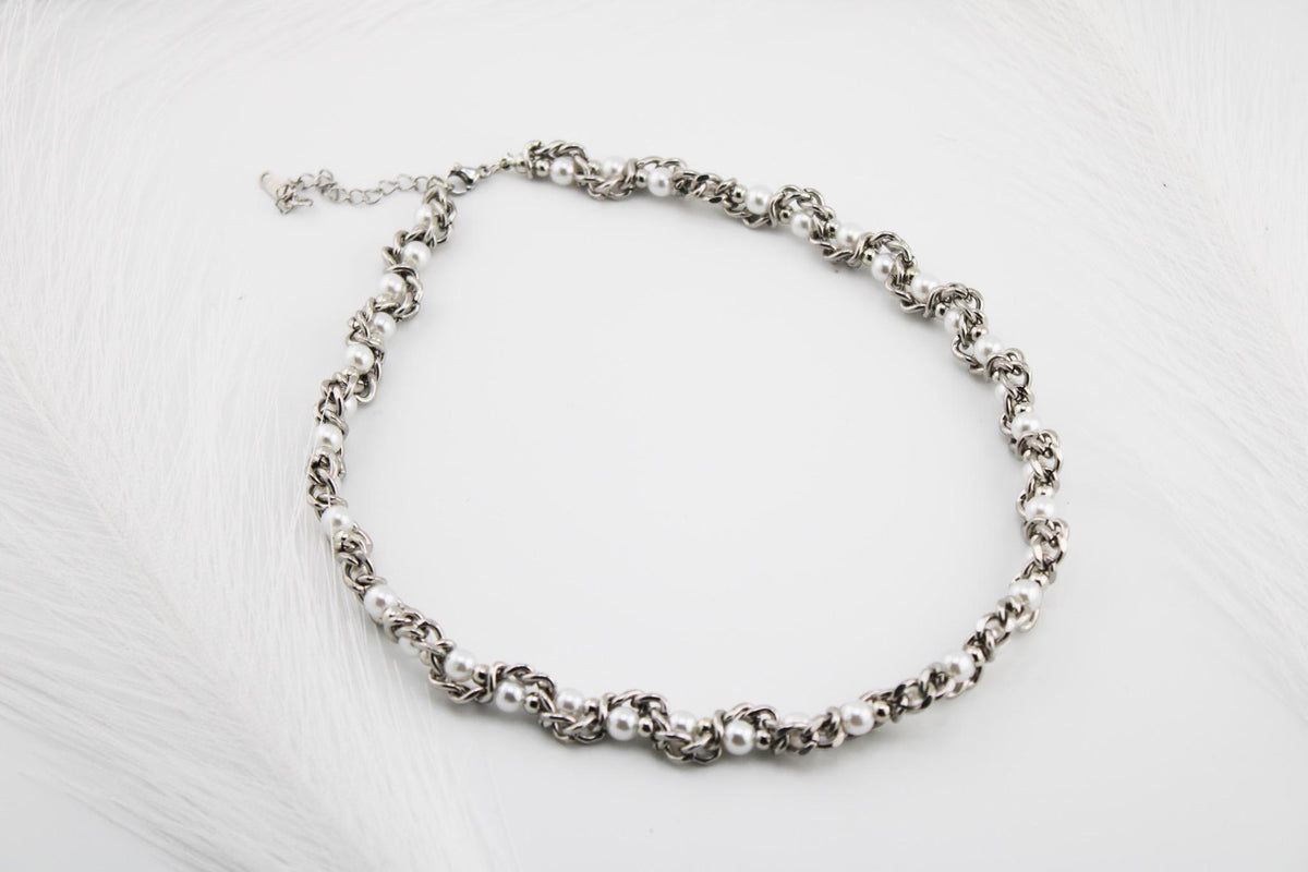 Punk Pearl Chain Necklace, Multilayered Cat Eye Bead, Thorn Jewelry