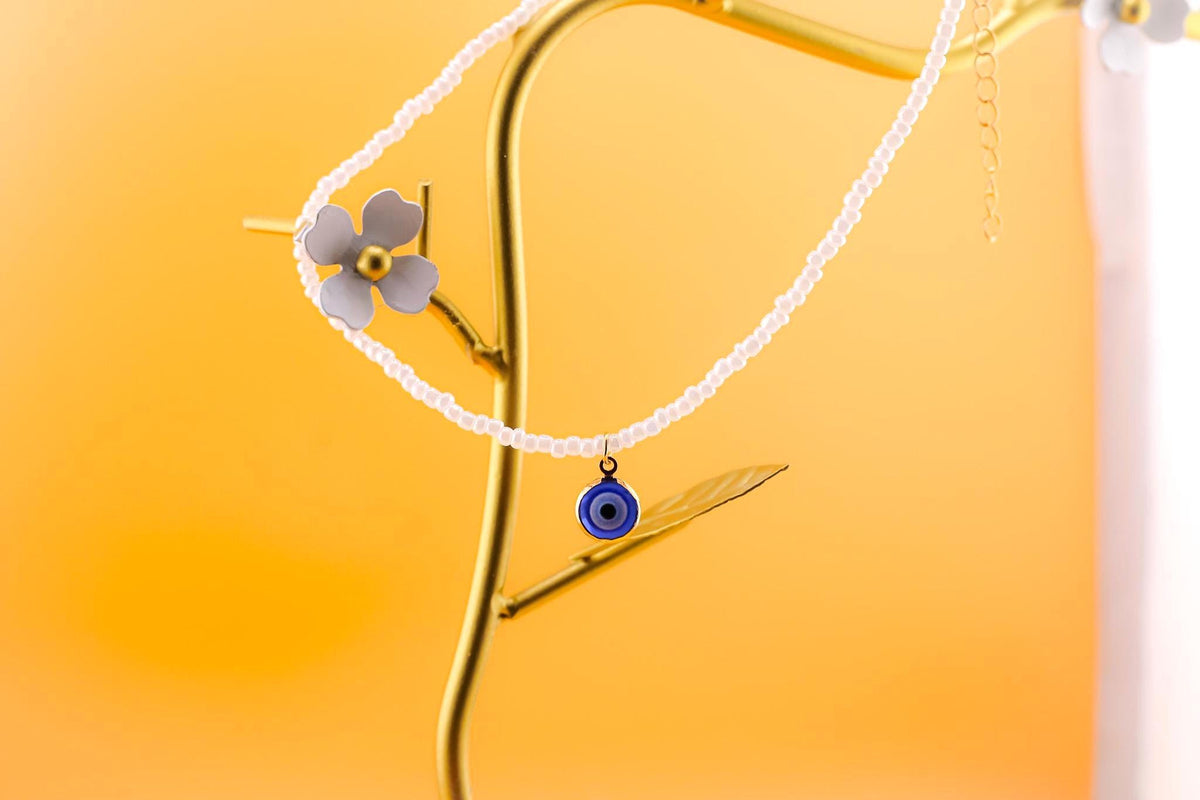 Freshwater Pearl Evil Eye Choker - Gold Pendant, Protective Necklace