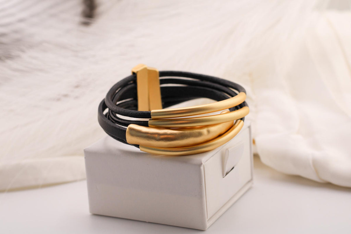 Layered Gold Bracelet, Real Leather Multi-Strand, Magnetic Clasp