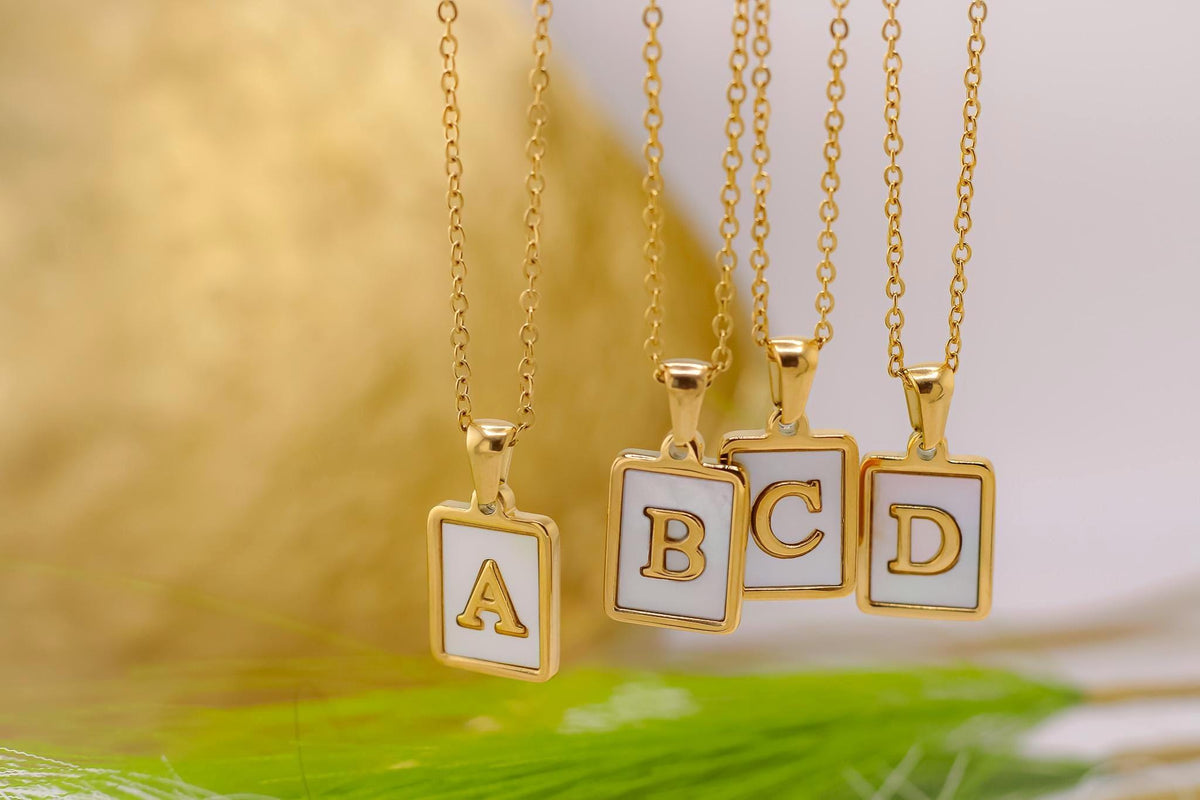 Mother of Pearl Initial Pendant, 18K Gold Filled Letter Necklace