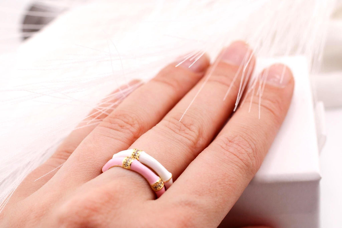 Gold-Plated Enamel Ring, Multicolor CZ Stackable Jewelry