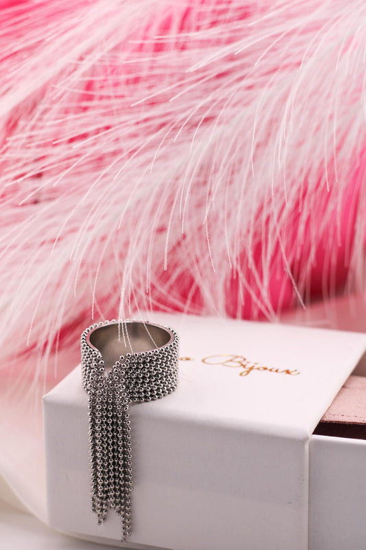 Chain Fringe Ring, Bold Beaded Stainless Steel Adjustable Ring