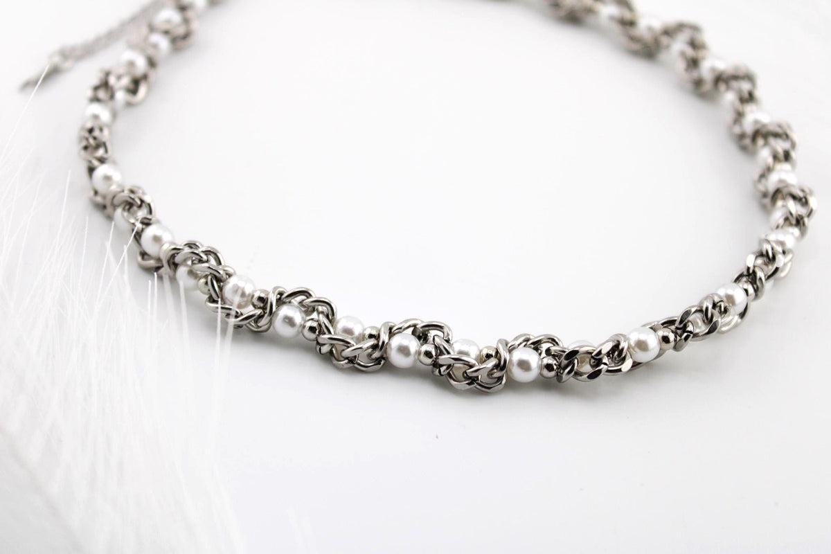 Punk Pearl Chain Necklace, Multilayered Cat Eye Bead, Thorn Jewelry