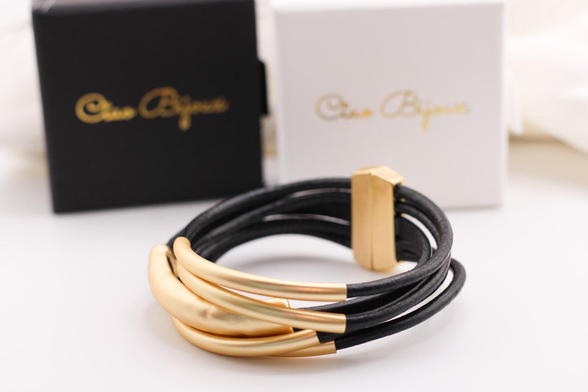 Layered Gold Bracelet, Real Leather Multi-Strand, Magnetic Clasp