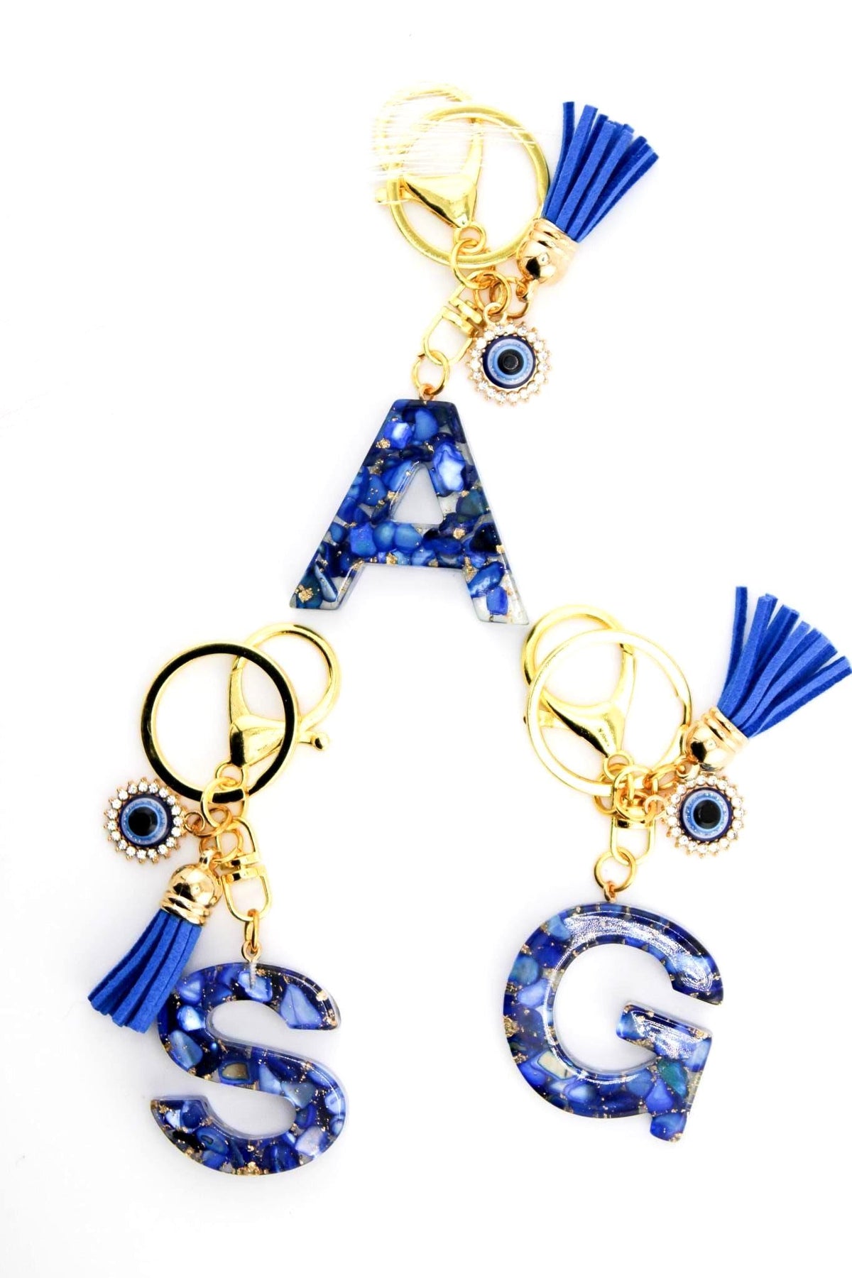 Personalized Blue Resin Initial Keychain/Custom Letter Charm with Evil Eye/Tassel & Rhinestones/Best Gift for Her