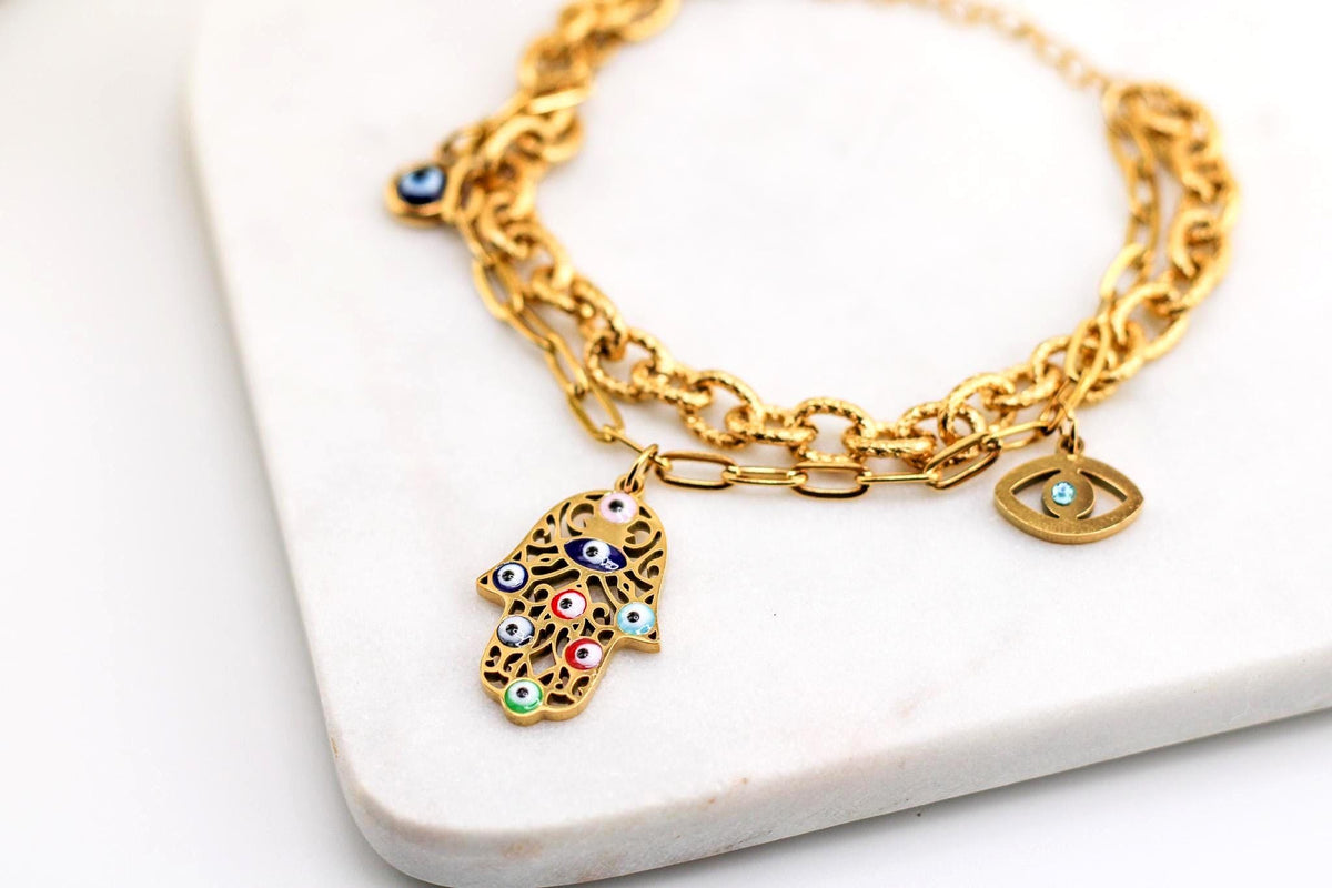 Gold Hamsa Hand Evil Eye Bracelet | Stainless Steel Protection Jewelry