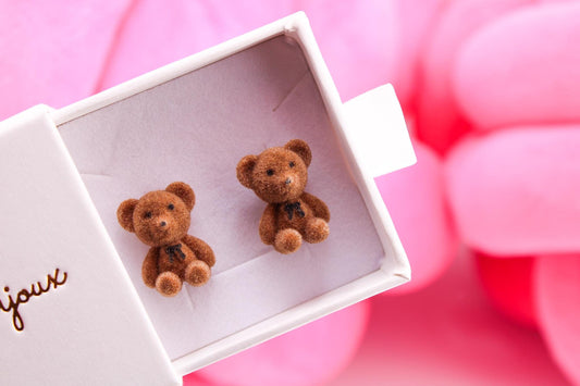 Flocked Bear Earrings, 925 Silver Studs