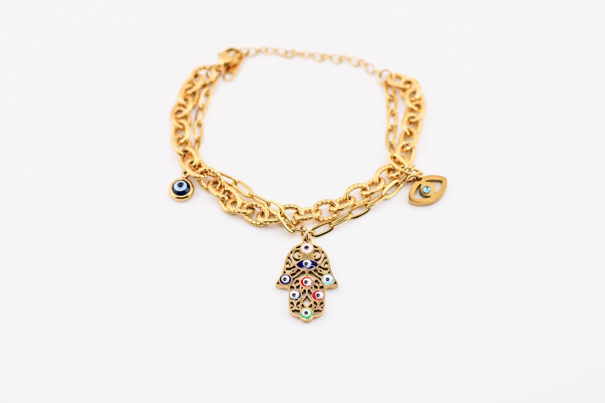 Gold Hamsa Hand Evil Eye Bracelet | Stainless Steel Protection Jewelry