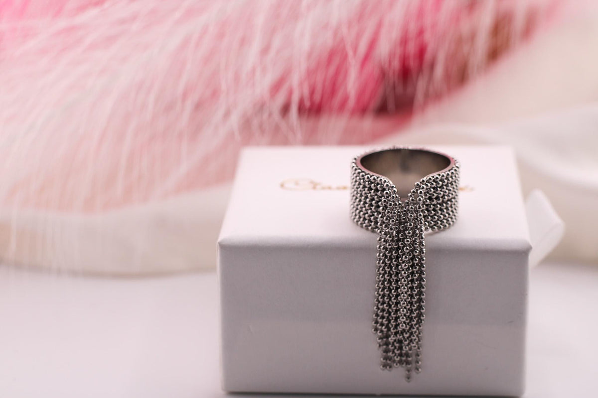 Chain Fringe Ring, Bold Beaded Stainless Steel Adjustable Ring