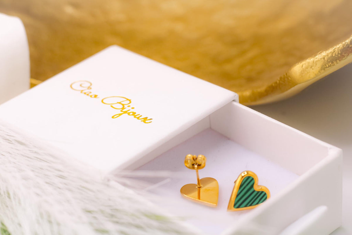 Green Marble Heart Earrings, Gold Stainless Steel Studs, Hypoallergenic