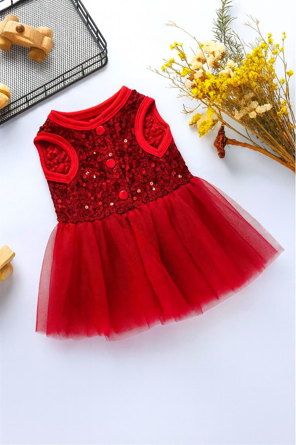 Red Sequin Tulle Christmas Pet Dress: Holiday Party Outfit