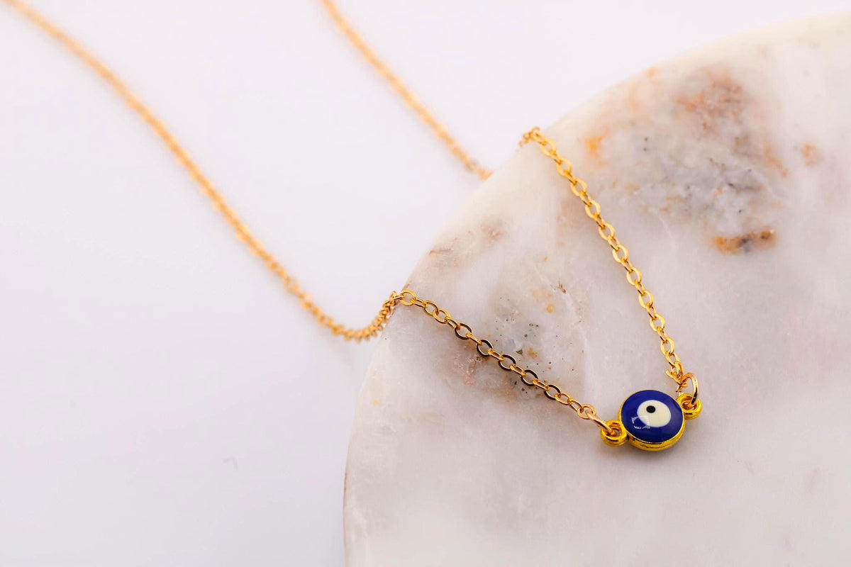 Gold Evil Eye Pendant Necklace, Blue Nazar Charm (10mm)