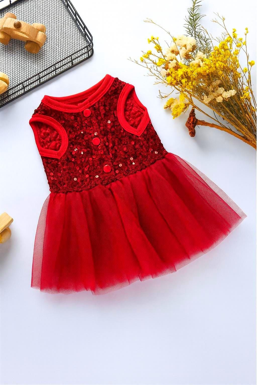 Christmas Red Sequin Tulle Pet Dress: Holiday Outfit for Small Dogs & Cats