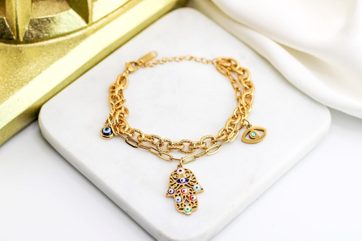 Gold Hamsa Hand Evil Eye Bracelet | Stainless Steel Protection Jewelry