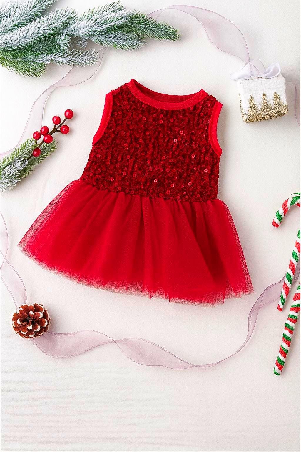 Christmas Red Sequin Tulle Pet Dress: Holiday Outfit for Small Dogs & Cats