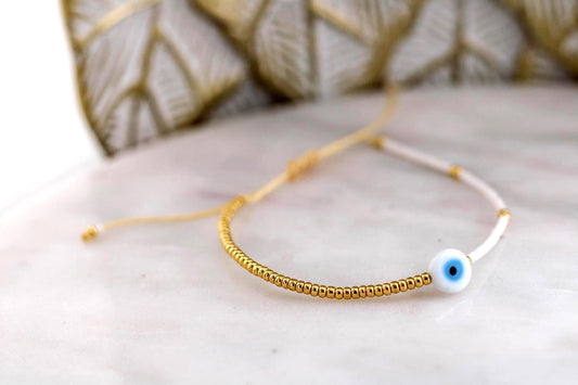 Evil Eye Bracelet/Gift for Her/ Gold Filled Beaded Bracelet/Dainty Gold Bracelet/White Evil Eye Bracelet/ Protection Bracelet