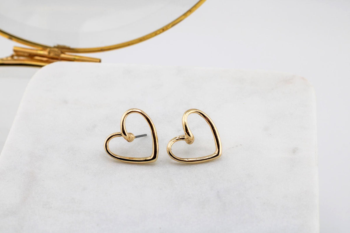 Dainty Gold Heart Outline Stud Earrings - Minimalist Jewelry