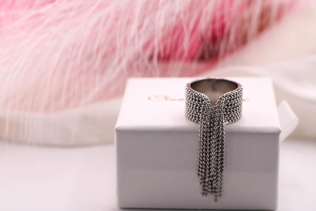 Statement Chain Fringe Ring /Bold Silver Beaded Ring/Unique Adjustable Ring/Modern Fashion Jewelry/Gift for Her