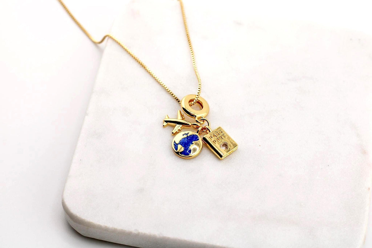 Gold Passport Charm Necklace, Airplane & Globe Travel Jewelry