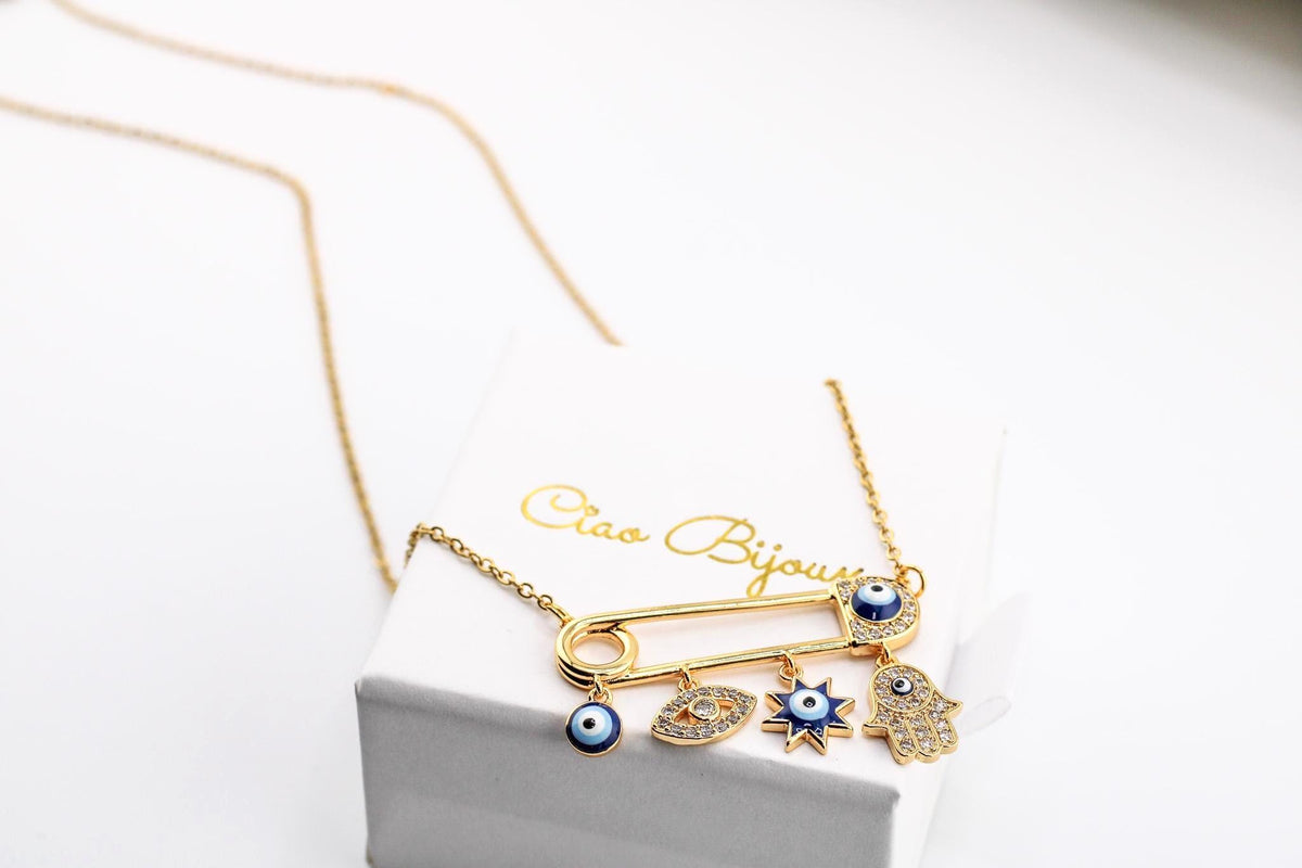 Evil Eye Pin Necklace with Charms /Unique Necklace/Gift for Her/Spiritual Jewelry/ Protection Necklace/Best Gift/