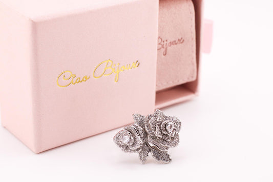 Shiny Silver Ring/Rhinestone Rose/Floral Jewelry/Dainty Band/Unigue Ring/Gift Women