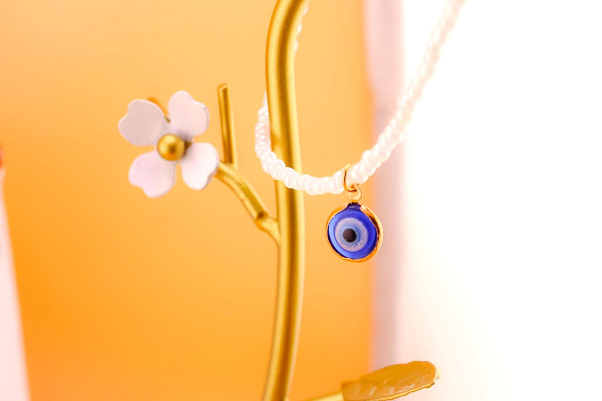 Freshwater Pearl Evil Eye Choker - Gold Pendant, Protective Necklace