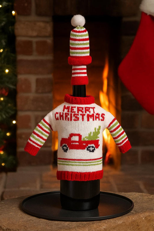 Knitted Snowman Wine Bottle Cover with Hat - Holiday Table Decoration