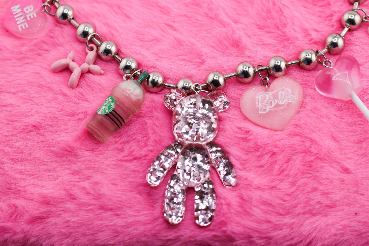 Handmade Sparkling Pink Bear Charm Necklace, Kawaii Stainless Steel Jewelry
